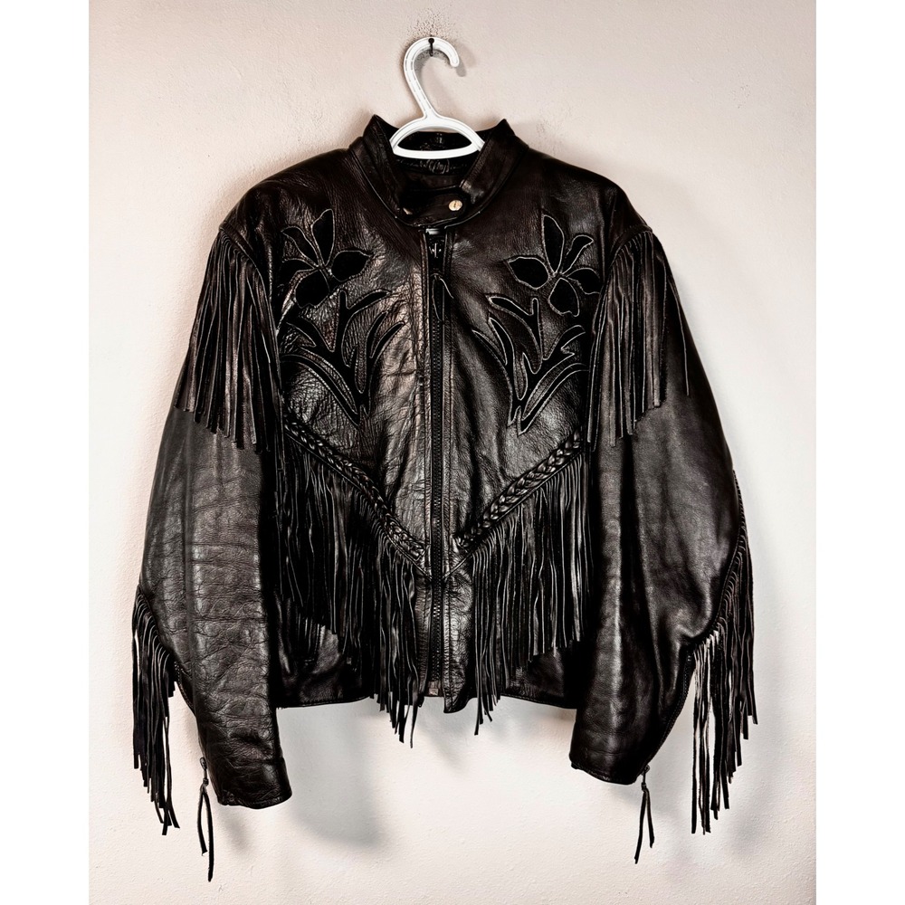 Hudson Leather Vintage Genuine Leather Jacket Fringe Floral‎ Suede Accents Large